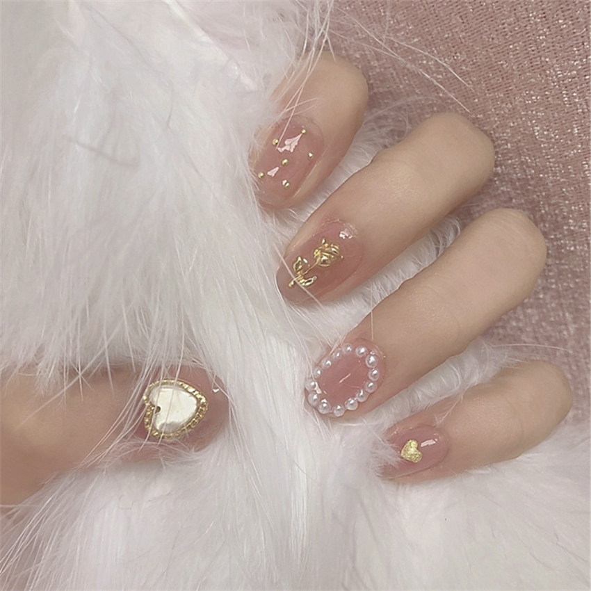 Nail Art Glossy - 24PCS Short Acrylic Golden Heart Wear