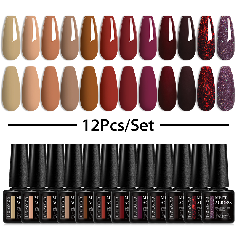 Nail Art Glossy - 10/12Pcs Gel Nail Polish Set Coffee